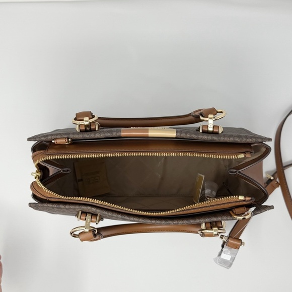 Michael Kors Marilyn Signature Medium Satchel Bag Brown Beige Stripe - Picture 5 of 10